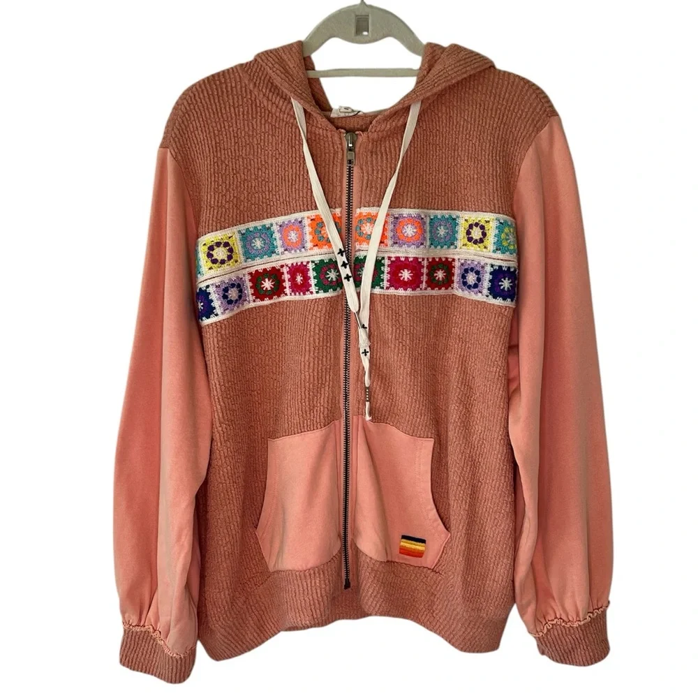 POL NWT Boho Granny Square Crochet Oversized Zip Hoodie L Vintage Wash Peach - Picture 5 of 16
